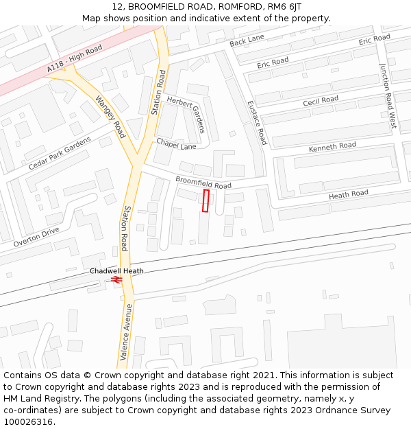 12, BROOMFIELD ROAD, ROMFORD, RM6 6JT: Location map and indicative extent of plot