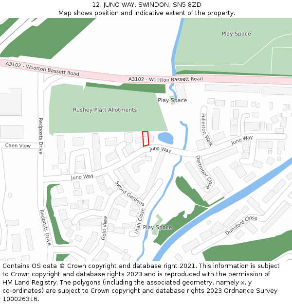 12, JUNO WAY, SWINDON, SN5 8ZD: Location map and indicative extent of plot