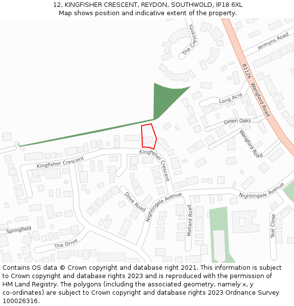 12, KINGFISHER CRESCENT, REYDON, SOUTHWOLD, IP18 6XL: Location map and indicative extent of plot