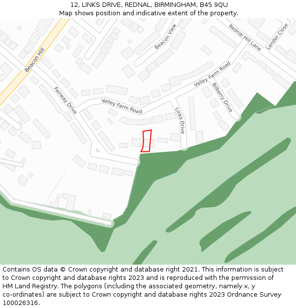 12, LINKS DRIVE, REDNAL, BIRMINGHAM, B45 9QU: Location map and indicative extent of plot