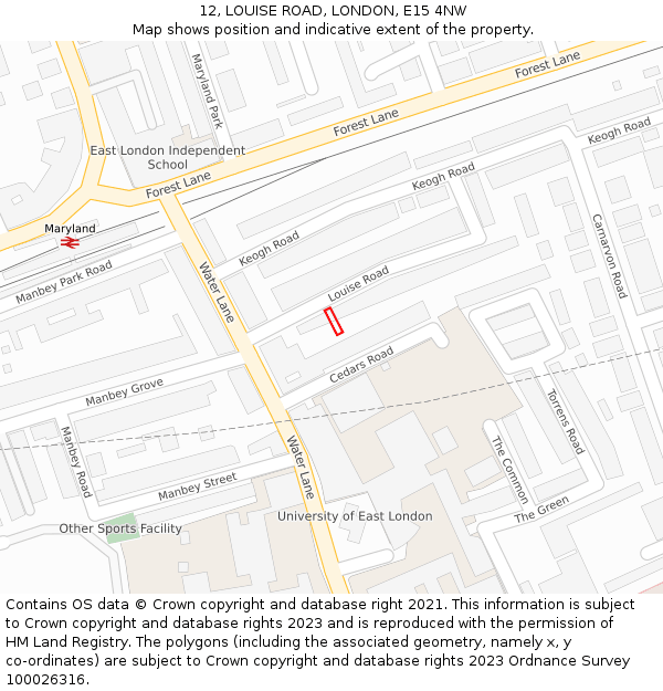 12, LOUISE ROAD, LONDON, E15 4NW: Location map and indicative extent of plot