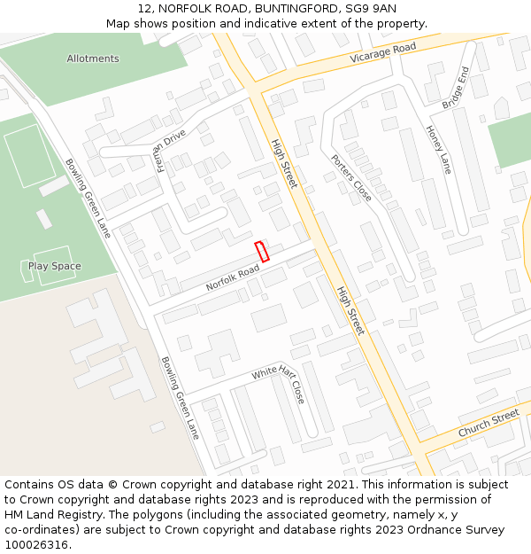 12, NORFOLK ROAD, BUNTINGFORD, SG9 9AN: Location map and indicative extent of plot
