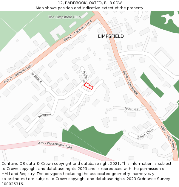 12, PADBROOK, OXTED, RH8 0DW: Location map and indicative extent of plot