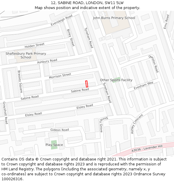 12, SABINE ROAD, LONDON, SW11 5LW: Location map and indicative extent of plot