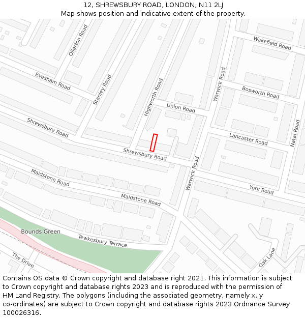 12, SHREWSBURY ROAD, LONDON, N11 2LJ: Location map and indicative extent of plot