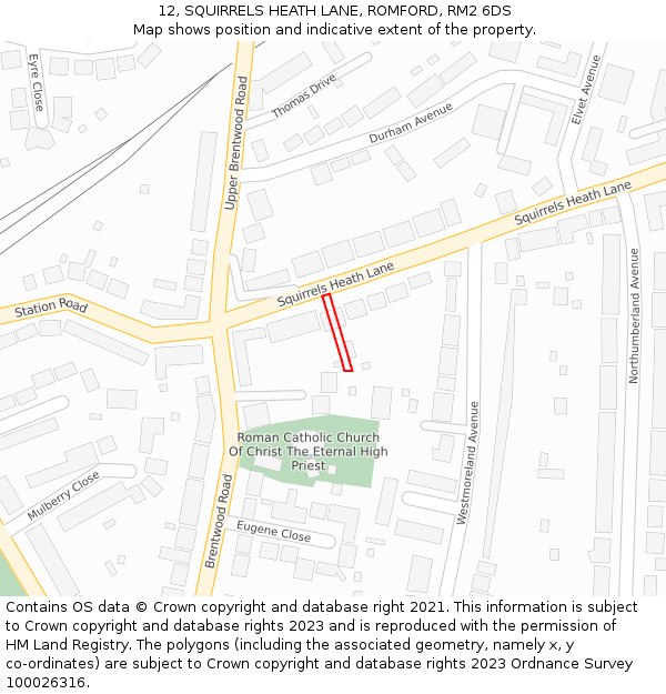 12, SQUIRRELS HEATH LANE, ROMFORD, RM2 6DS: Location map and indicative extent of plot