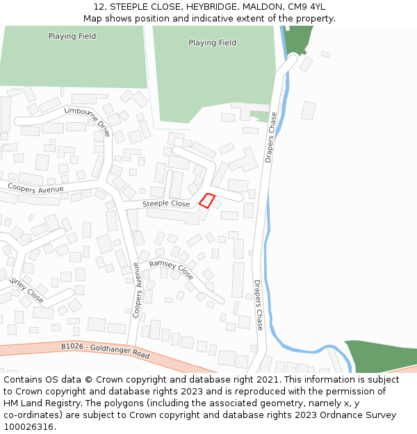 12, STEEPLE CLOSE, HEYBRIDGE, MALDON, CM9 4YL: Location map and indicative extent of plot