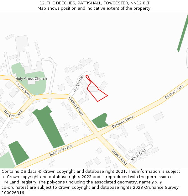 12, THE BEECHES, PATTISHALL, TOWCESTER, NN12 8LT: Location map and indicative extent of plot