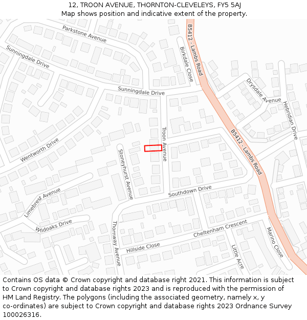 12, TROON AVENUE, THORNTON-CLEVELEYS, FY5 5AJ: Location map and indicative extent of plot
