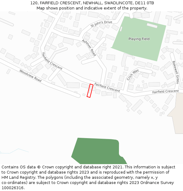 120, FAIRFIELD CRESCENT, NEWHALL, SWADLINCOTE, DE11 0TB: Location map and indicative extent of plot
