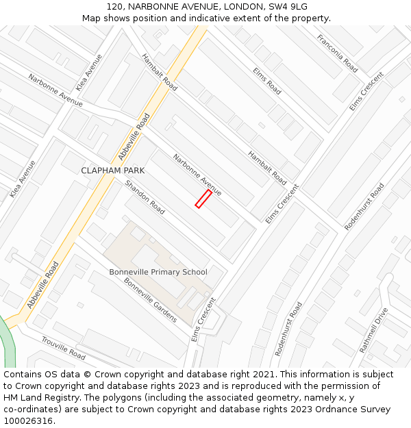 120, NARBONNE AVENUE, LONDON, SW4 9LG: Location map and indicative extent of plot