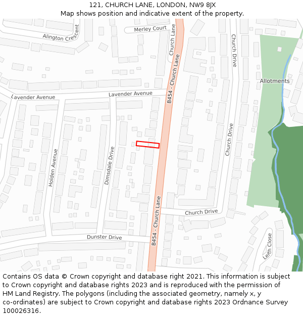 121, CHURCH LANE, LONDON, NW9 8JX: Location map and indicative extent of plot