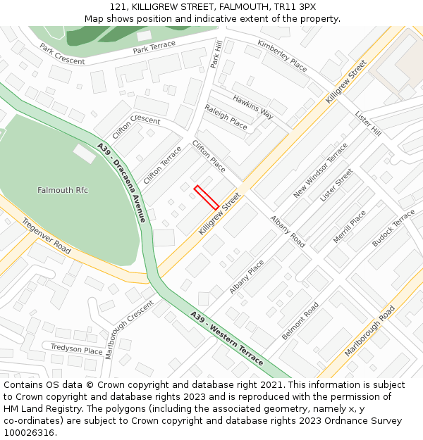 121, KILLIGREW STREET, FALMOUTH, TR11 3PX: Location map and indicative extent of plot