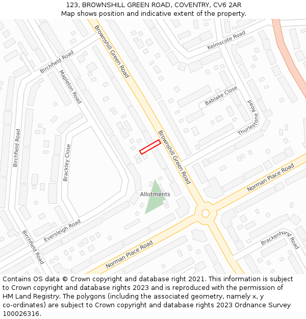 123, BROWNSHILL GREEN ROAD, COVENTRY, CV6 2AR: Location map and indicative extent of plot