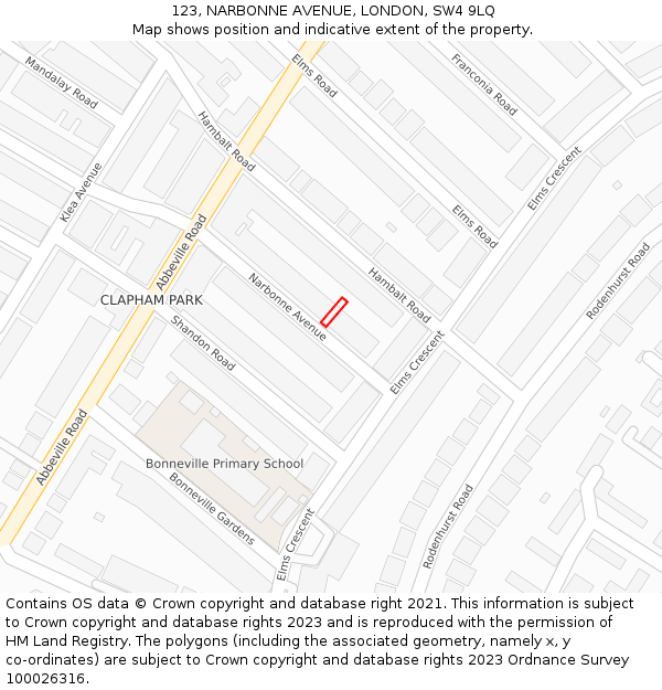 123, NARBONNE AVENUE, LONDON, SW4 9LQ: Location map and indicative extent of plot