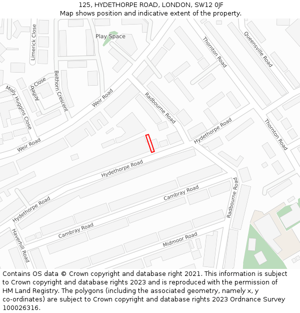 125, HYDETHORPE ROAD, LONDON, SW12 0JF: Location map and indicative extent of plot