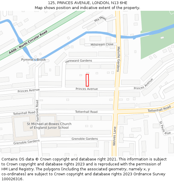 125, PRINCES AVENUE, LONDON, N13 6HE: Location map and indicative extent of plot