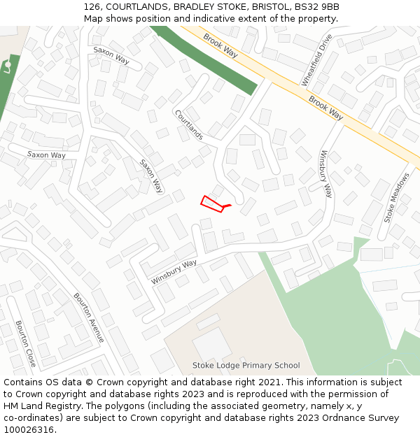 126, COURTLANDS, BRADLEY STOKE, BRISTOL, BS32 9BB: Location map and indicative extent of plot