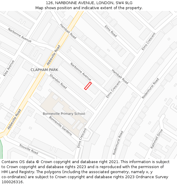 126, NARBONNE AVENUE, LONDON, SW4 9LG: Location map and indicative extent of plot