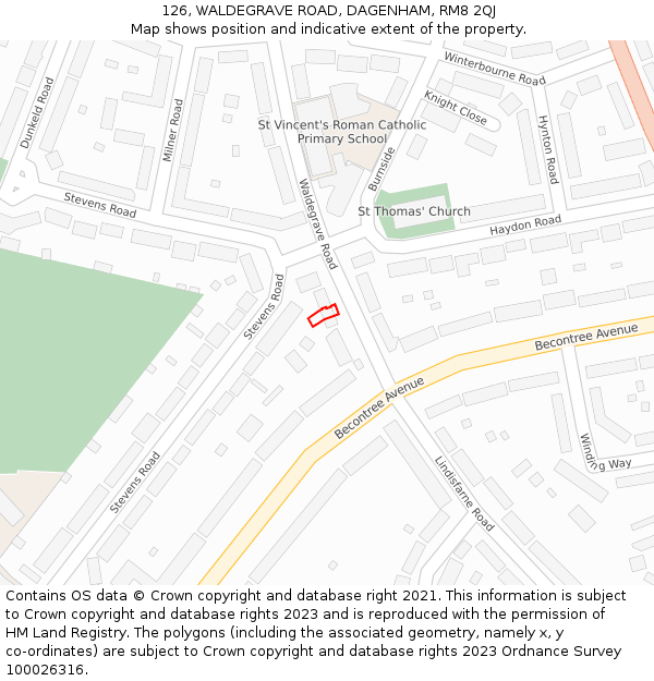 126, WALDEGRAVE ROAD, DAGENHAM, RM8 2QJ: Location map and indicative extent of plot