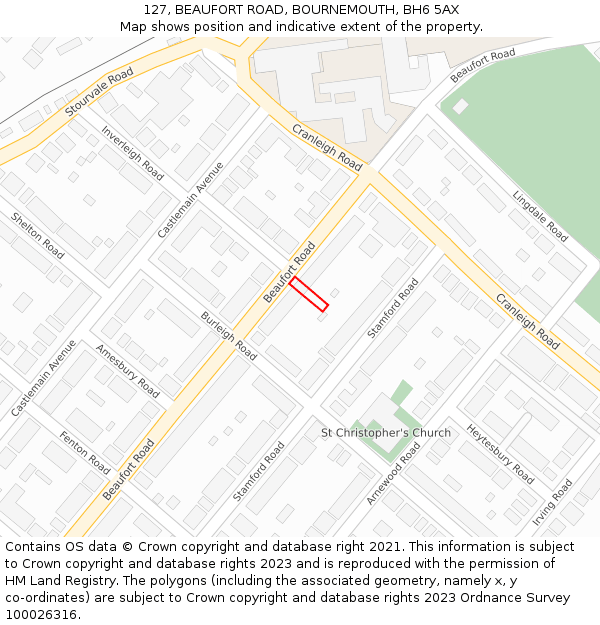 127, BEAUFORT ROAD, BOURNEMOUTH, BH6 5AX: Location map and indicative extent of plot