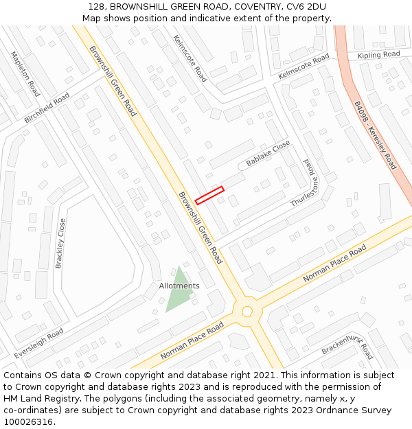 128, BROWNSHILL GREEN ROAD, COVENTRY, CV6 2DU: Location map and indicative extent of plot