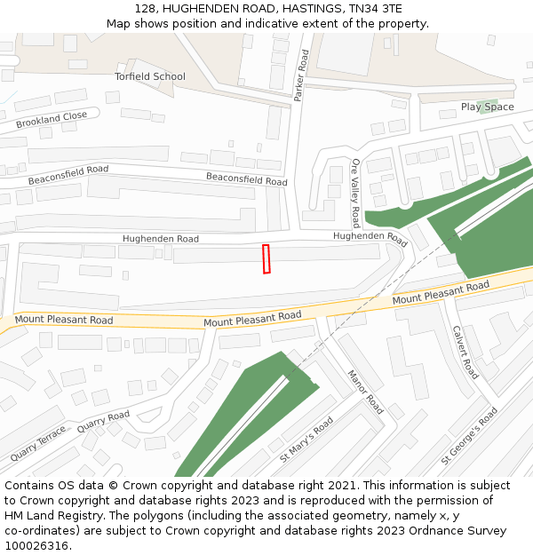 128, HUGHENDEN ROAD, HASTINGS, TN34 3TE: Location map and indicative extent of plot
