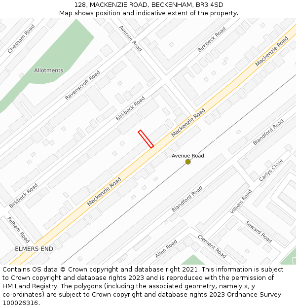 128, MACKENZIE ROAD, BECKENHAM, BR3 4SD: Location map and indicative extent of plot