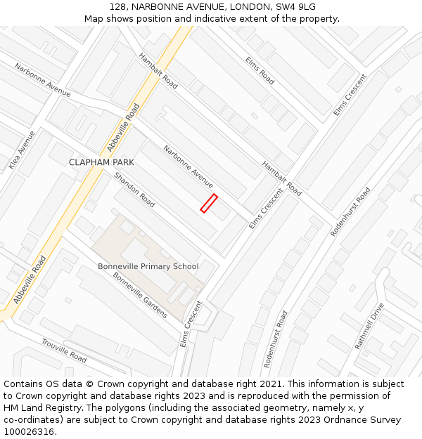 128, NARBONNE AVENUE, LONDON, SW4 9LG: Location map and indicative extent of plot
