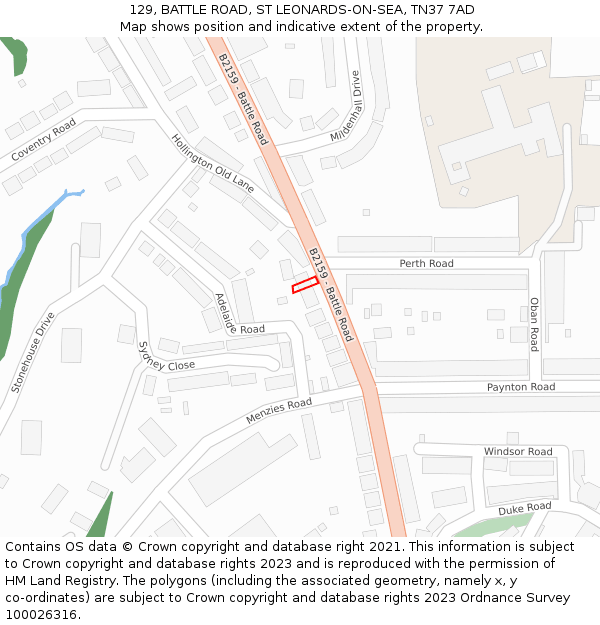129, BATTLE ROAD, ST LEONARDS-ON-SEA, TN37 7AD: Location map and indicative extent of plot