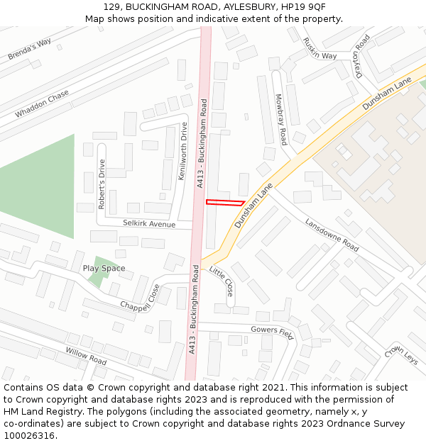 129, BUCKINGHAM ROAD, AYLESBURY, HP19 9QF: Location map and indicative extent of plot