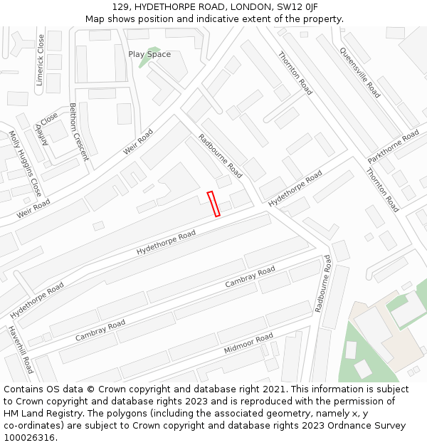 129, HYDETHORPE ROAD, LONDON, SW12 0JF: Location map and indicative extent of plot