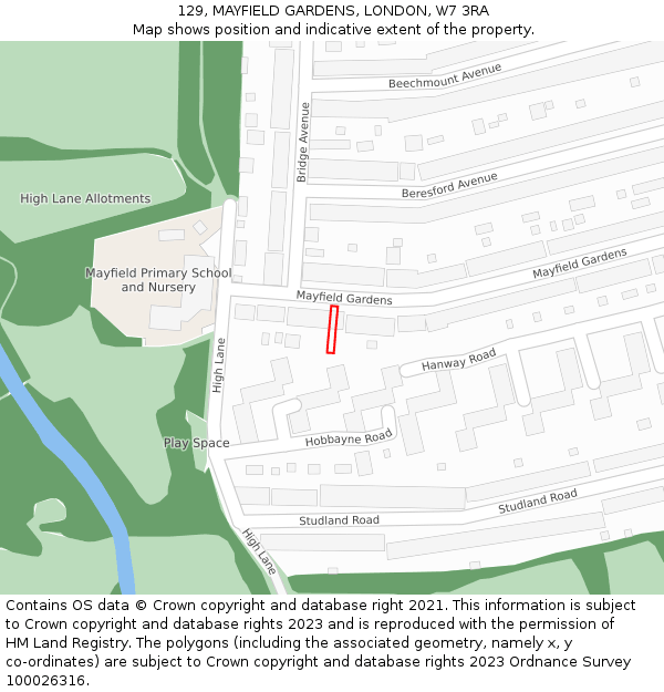 129, MAYFIELD GARDENS, LONDON, W7 3RA: Location map and indicative extent of plot