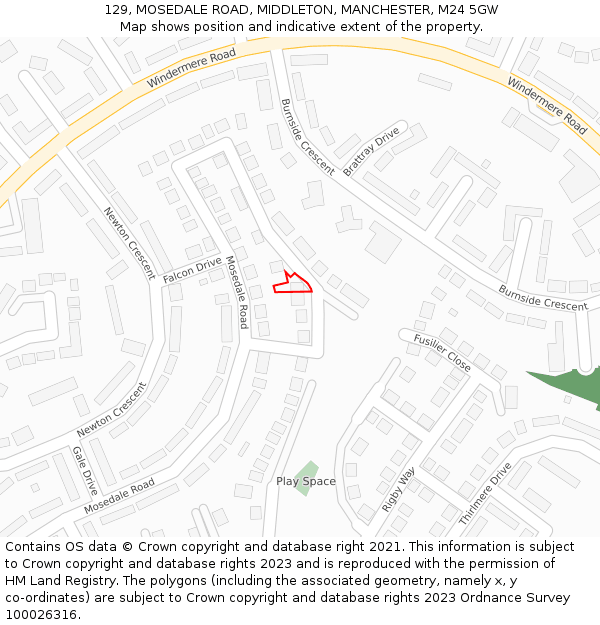 129, MOSEDALE ROAD, MIDDLETON, MANCHESTER, M24 5GW: Location map and indicative extent of plot
