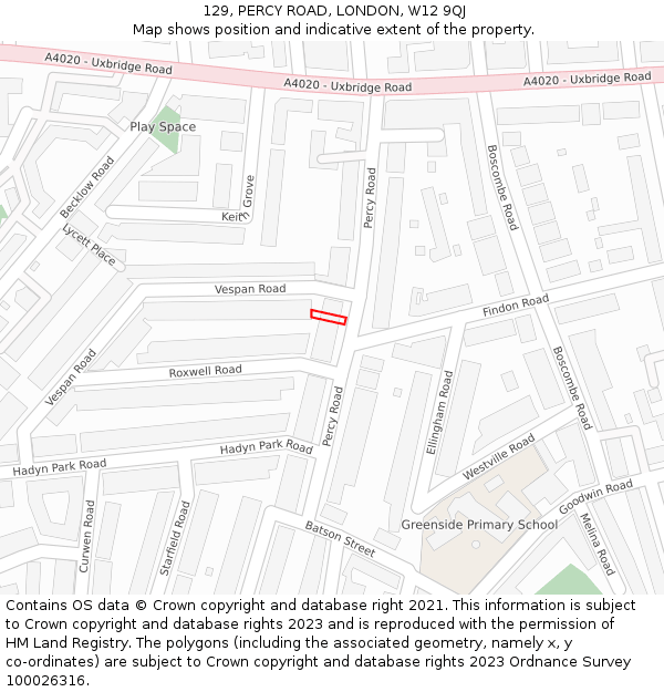 129, PERCY ROAD, LONDON, W12 9QJ: Location map and indicative extent of plot