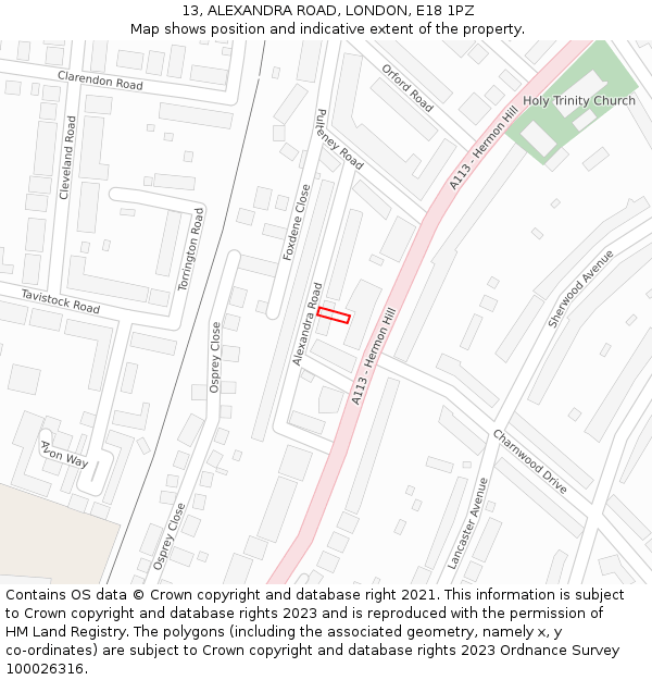 13, ALEXANDRA ROAD, LONDON, E18 1PZ: Location map and indicative extent of plot