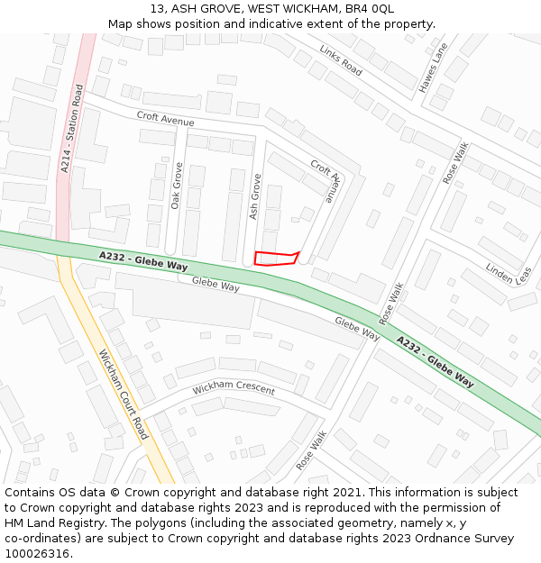 13, ASH GROVE, WEST WICKHAM, BR4 0QL: Location map and indicative extent of plot