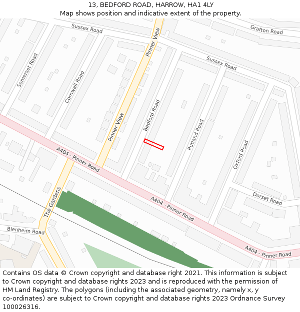 13, BEDFORD ROAD, HARROW, HA1 4LY: Location map and indicative extent of plot