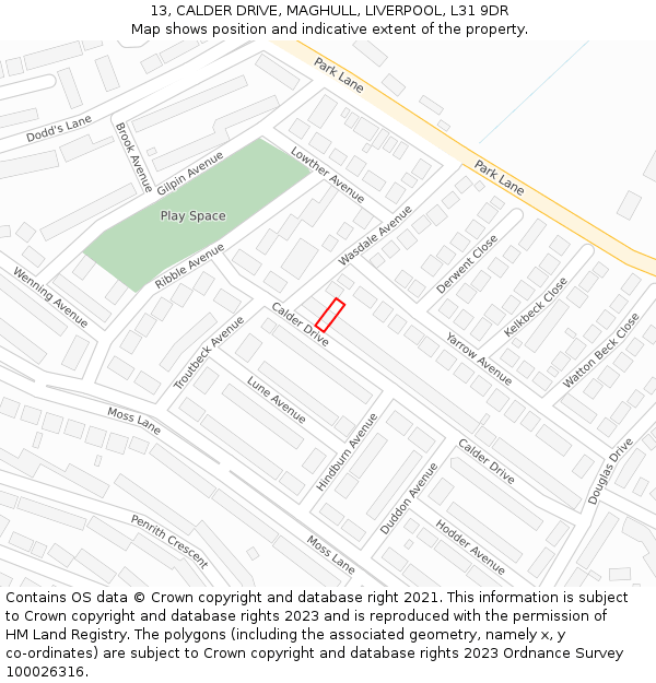 13, CALDER DRIVE, MAGHULL, LIVERPOOL, L31 9DR: Location map and indicative extent of plot