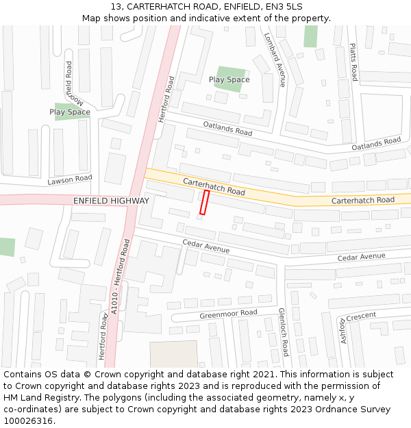 13, CARTERHATCH ROAD, ENFIELD, EN3 5LS: Location map and indicative extent of plot