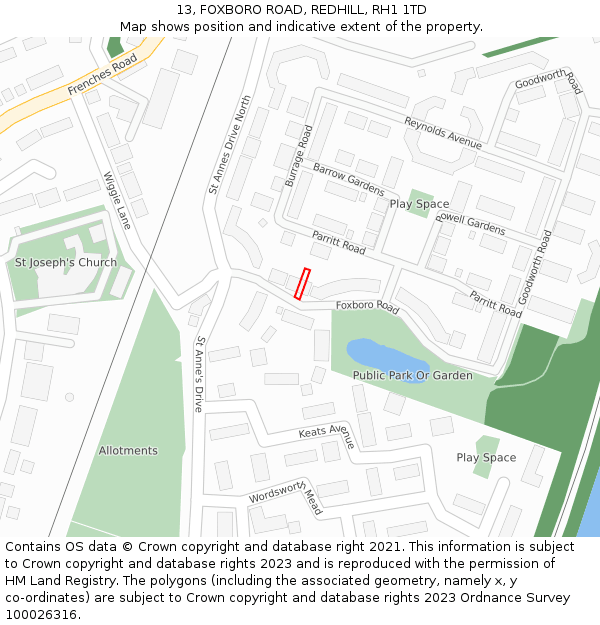13, FOXBORO ROAD, REDHILL, RH1 1TD: Location map and indicative extent of plot