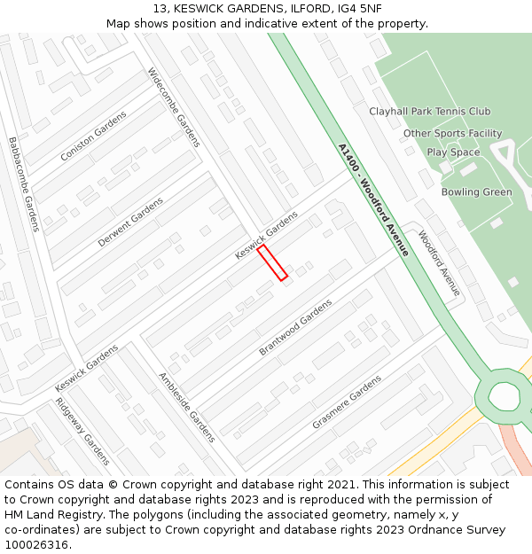 13, KESWICK GARDENS, ILFORD, IG4 5NF: Location map and indicative extent of plot