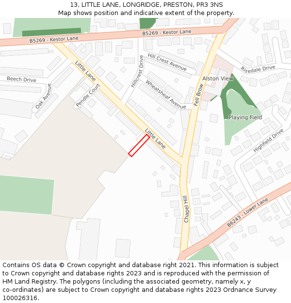 13, LITTLE LANE, LONGRIDGE, PRESTON, PR3 3NS: Location map and indicative extent of plot