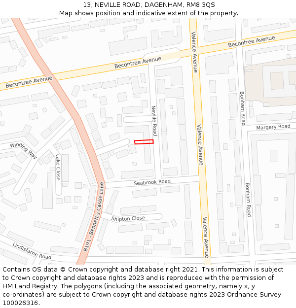 13, NEVILLE ROAD, DAGENHAM, RM8 3QS: Location map and indicative extent of plot