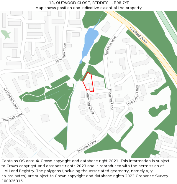 13, OUTWOOD CLOSE, REDDITCH, B98 7YE: Location map and indicative extent of plot