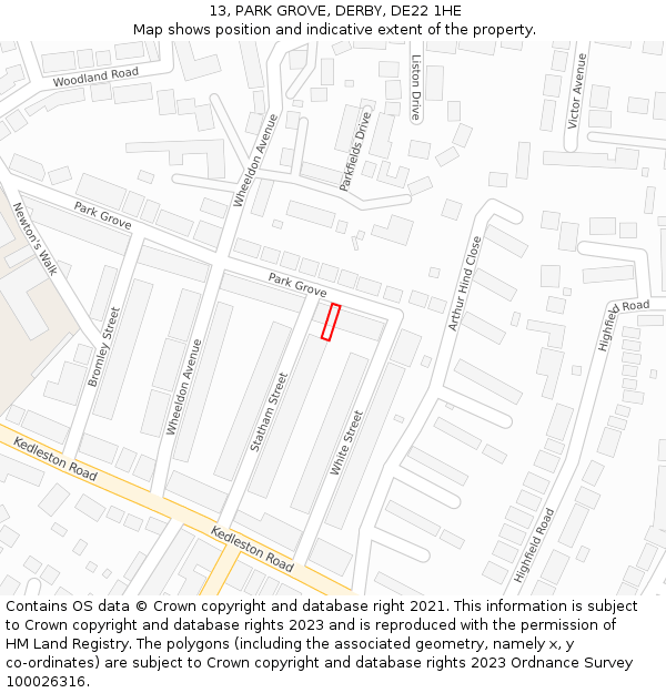 13, PARK GROVE, DERBY, DE22 1HE: Location map and indicative extent of plot