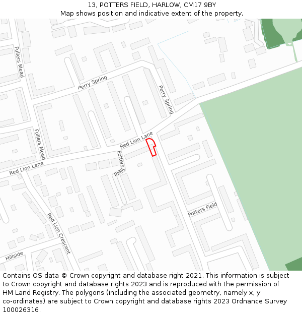 13, POTTERS FIELD, HARLOW, CM17 9BY: Location map and indicative extent of plot