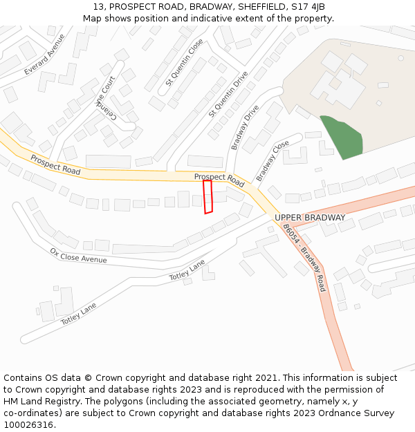 13, PROSPECT ROAD, BRADWAY, SHEFFIELD, S17 4JB: Location map and indicative extent of plot