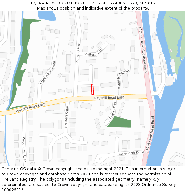 13, RAY MEAD COURT, BOULTERS LANE, MAIDENHEAD, SL6 8TN: Location map and indicative extent of plot