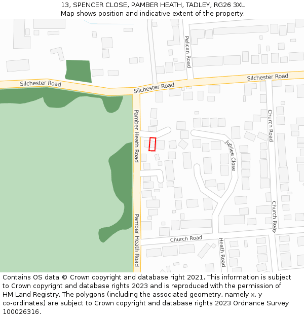 13, SPENCER CLOSE, PAMBER HEATH, TADLEY, RG26 3XL: Location map and indicative extent of plot